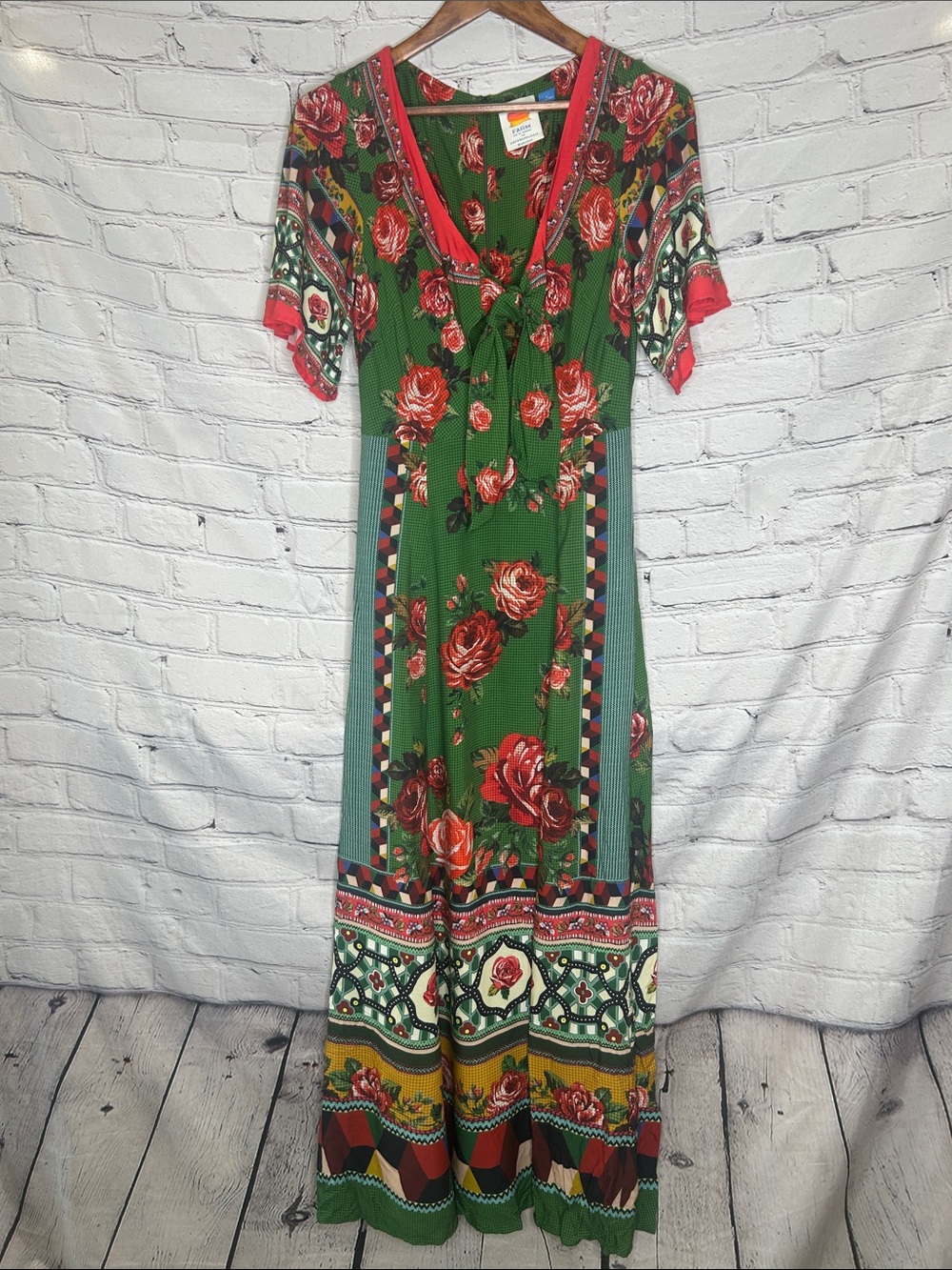 Farm Rio Green Red Rose Floral Boho Maxi Dress Size Small